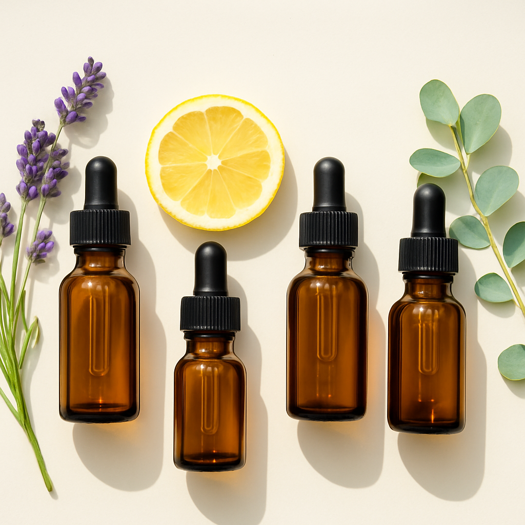 Amber essential oil bottles with lavender, lemon and eucalyptus